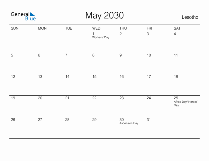 Printable May 2030 Calendar for Lesotho