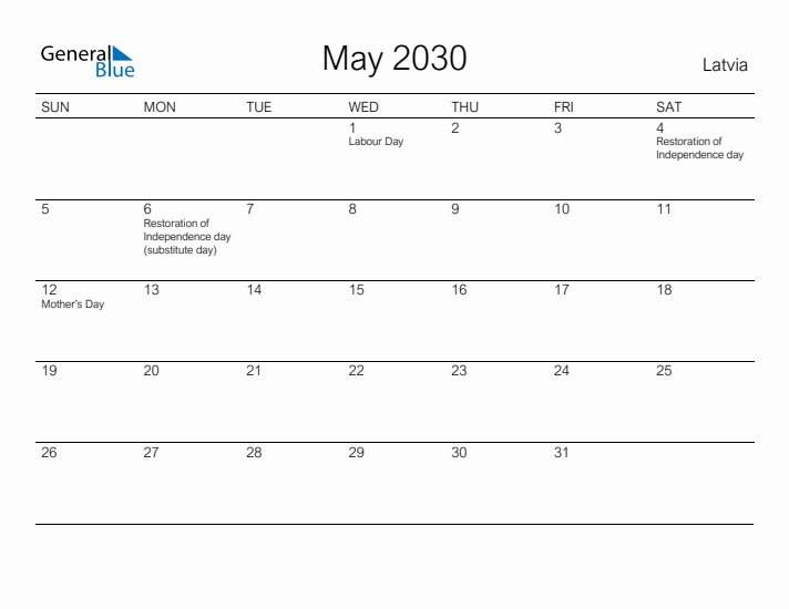 Printable May 2030 Calendar for Latvia