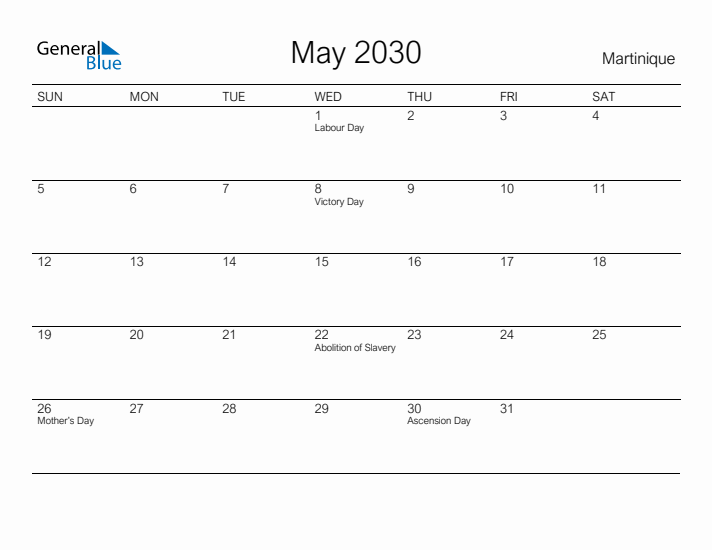 Printable May 2030 Calendar for Martinique