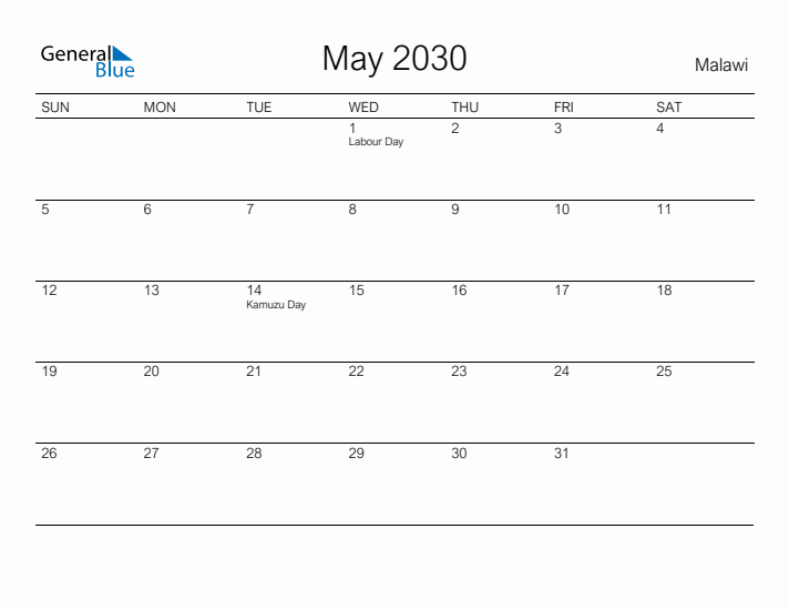 Printable May 2030 Calendar for Malawi