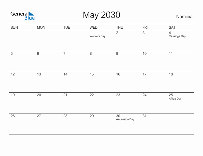 Printable May 2030 Calendar for Namibia