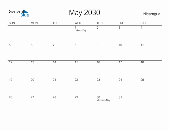 Printable May 2030 Calendar for Nicaragua