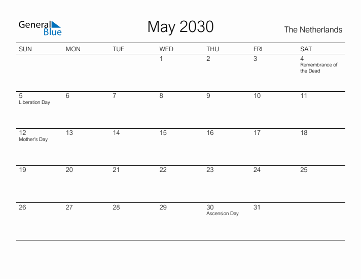 Printable May 2030 Calendar for The Netherlands