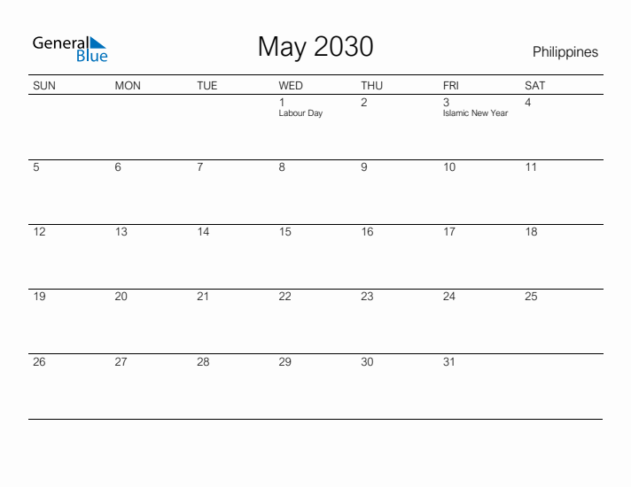 Printable May 2030 Calendar for Philippines