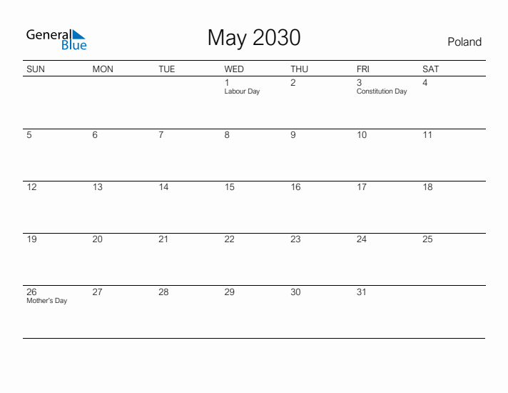 Printable May 2030 Calendar for Poland
