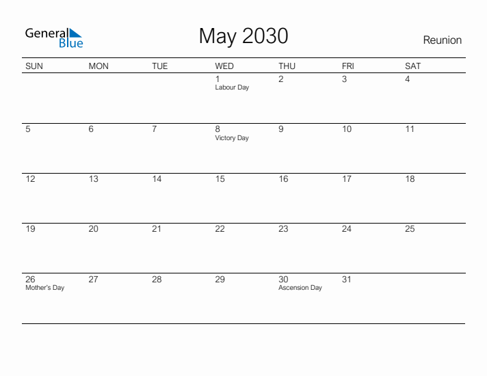 Printable May 2030 Calendar for Reunion