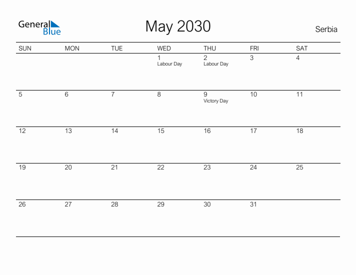 Printable May 2030 Calendar for Serbia