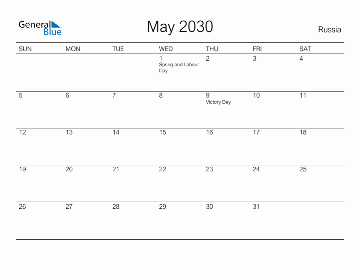 Printable May 2030 Calendar for Russia