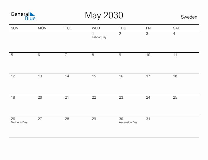Printable May 2030 Calendar for Sweden