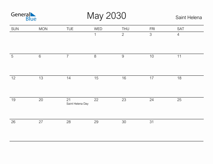 Printable May 2030 Calendar for Saint Helena