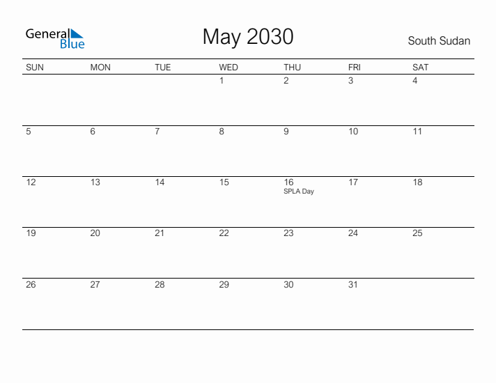 Printable May 2030 Calendar for South Sudan