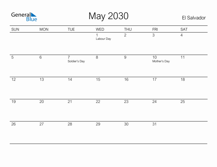 Printable May 2030 Calendar for El Salvador