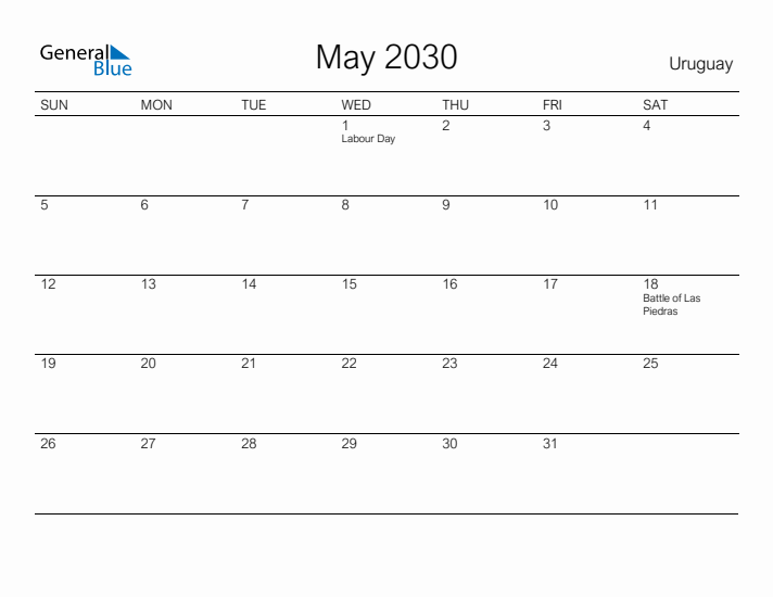 Printable May 2030 Calendar for Uruguay