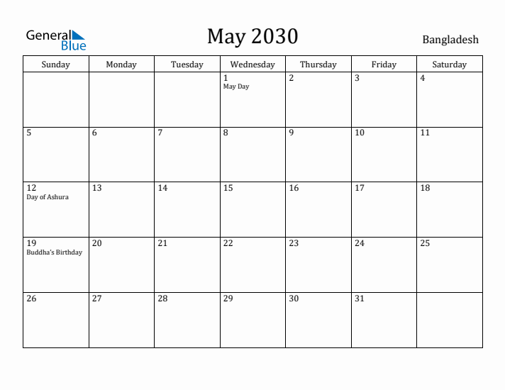 May 2030 Calendar Bangladesh