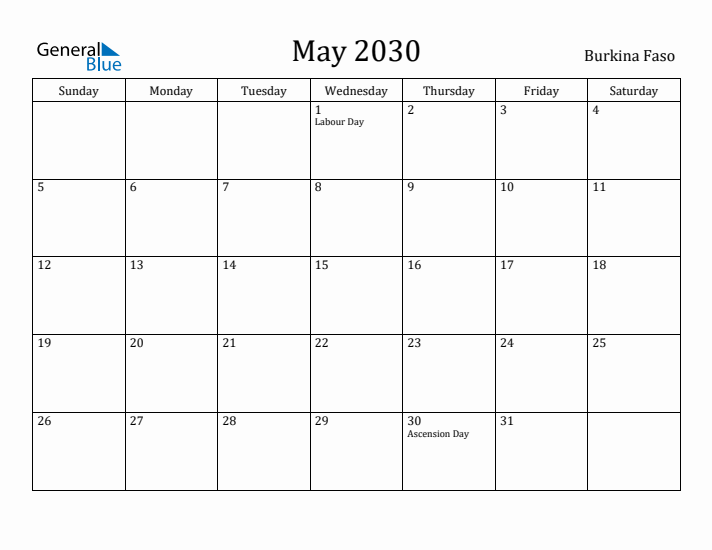 May 2030 Calendar Burkina Faso