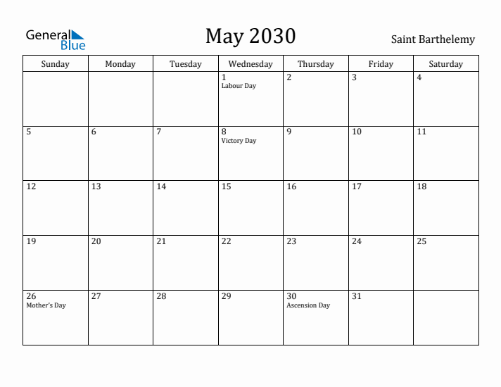 May 2030 Calendar Saint Barthelemy