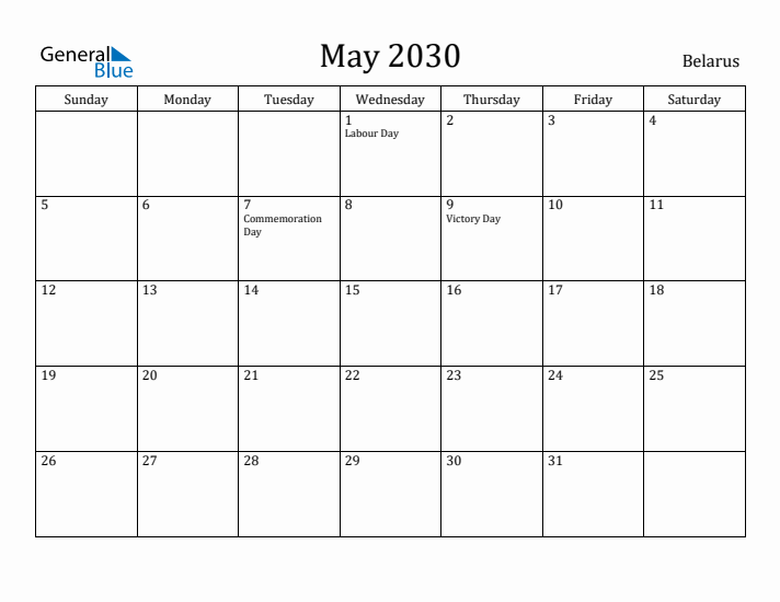 May 2030 Calendar Belarus