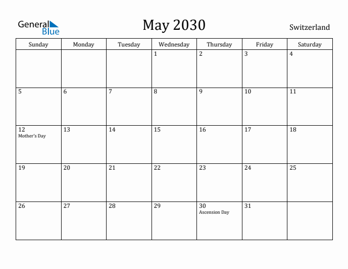 May 2030 Calendar Switzerland