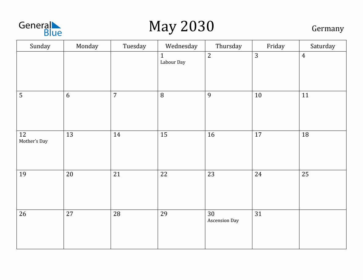 May 2030 Monthly Calendar with Germany Holidays