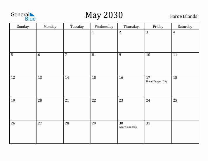 May 2030 Calendar Faroe Islands