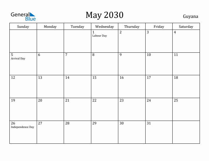 May 2030 Calendar Guyana