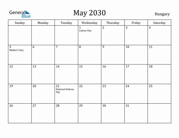 May 2030 Calendar Hungary