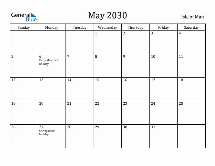 May 2030 Calendar Isle of Man