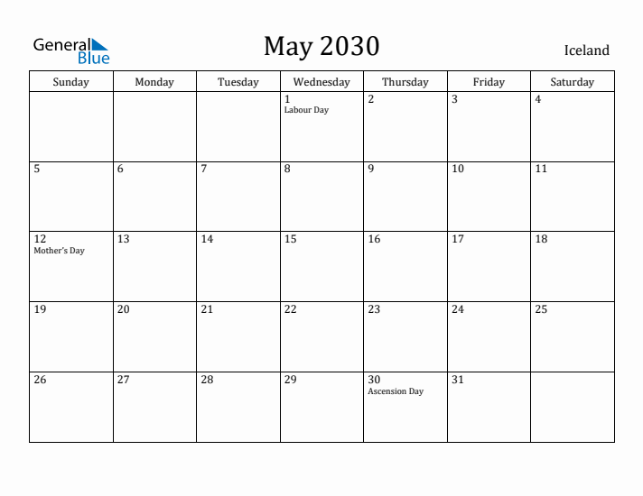 May 2030 Calendar Iceland