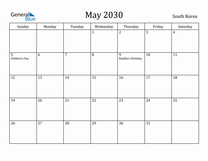 May 2030 Calendar South Korea