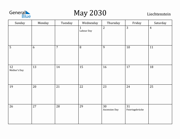 May 2030 Calendar Liechtenstein