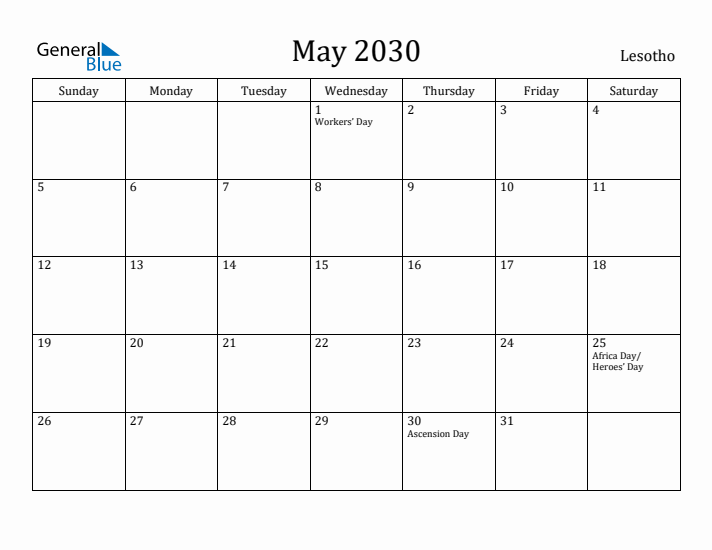 May 2030 Calendar Lesotho
