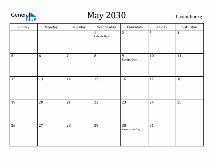 May 2030 Calendar Luxembourg