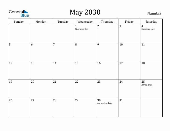 May 2030 Calendar Namibia