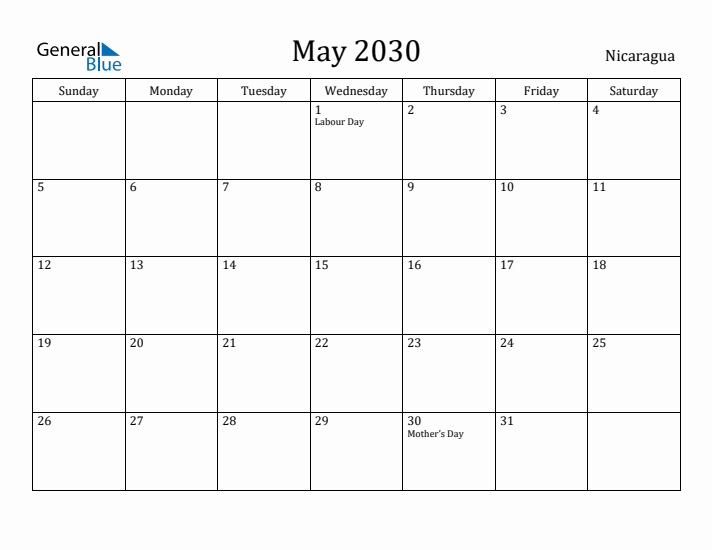 May 2030 Calendar Nicaragua