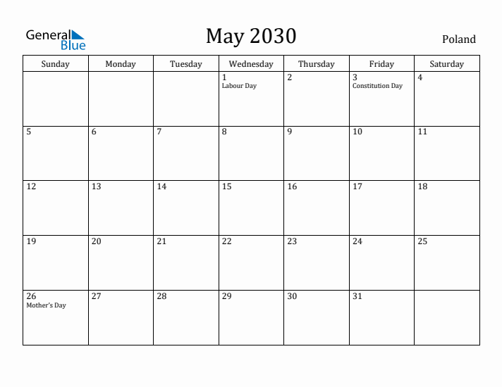 May 2030 Calendar Poland