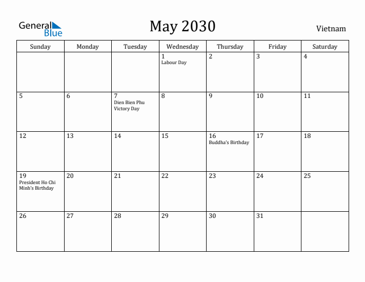 May 2030 Calendar Vietnam