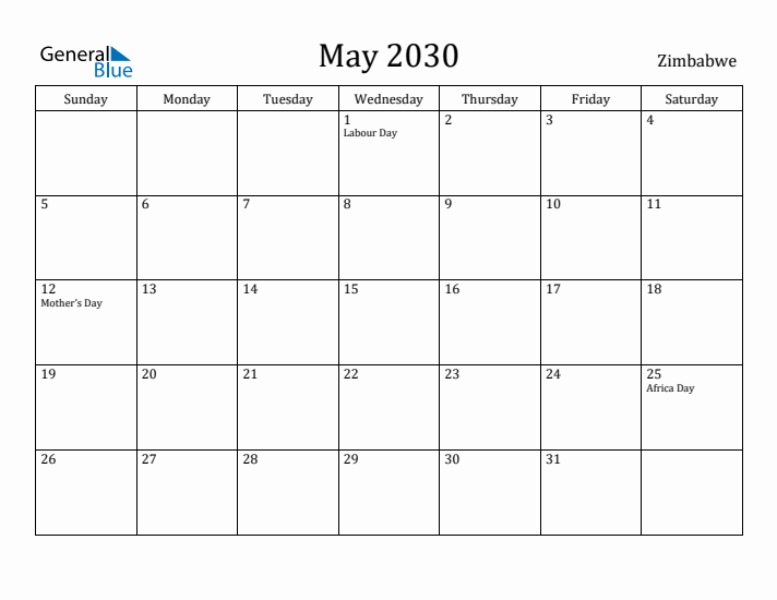 May 2030 Calendar Zimbabwe