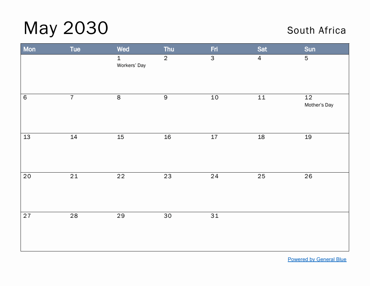 Free Monthly Calendar Template for May 2030 with South Africa Holidays