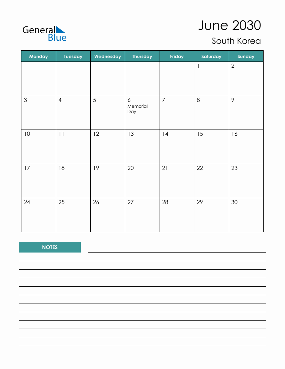 Monthly Planner with South Korea Holidays June 2030