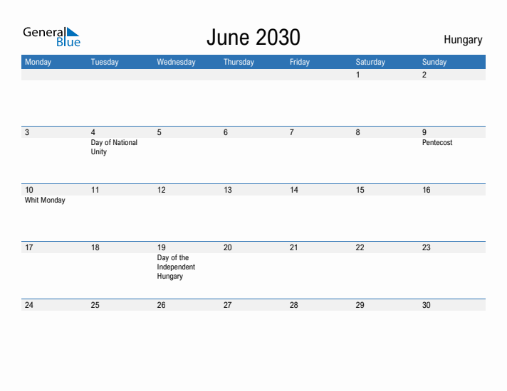 Fillable June 2030 Calendar