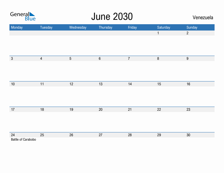 Fillable June 2030 Calendar