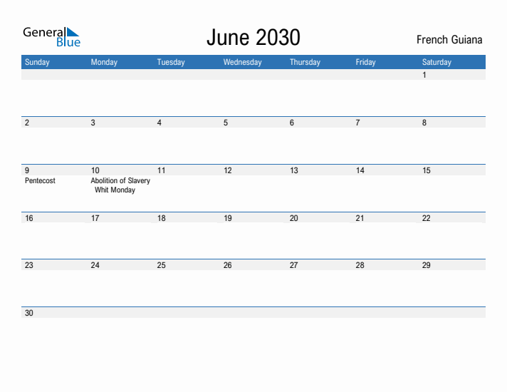 Fillable June 2030 Calendar
