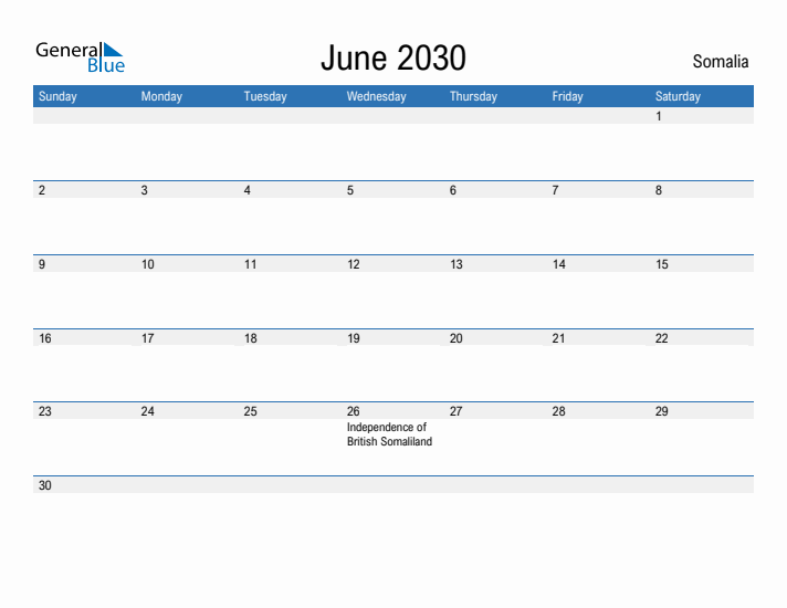 Fillable June 2030 Calendar