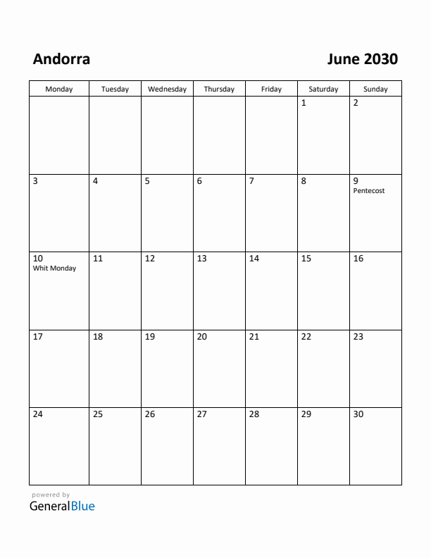 June 2030 Calendar with Andorra Holidays