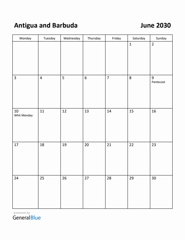 June 2030 Calendar with Antigua and Barbuda Holidays