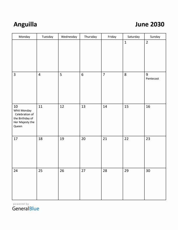 June 2030 Calendar with Anguilla Holidays