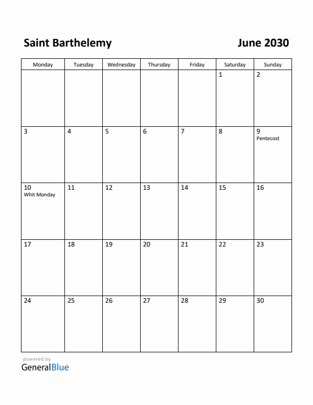 June 2030 Calendar with Saint Barthelemy Holidays