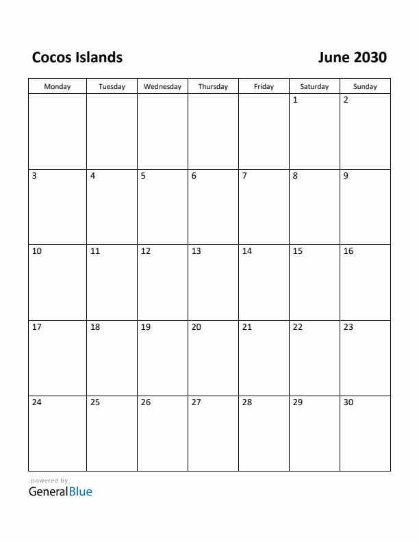 June 2030 Calendar with Cocos Islands Holidays