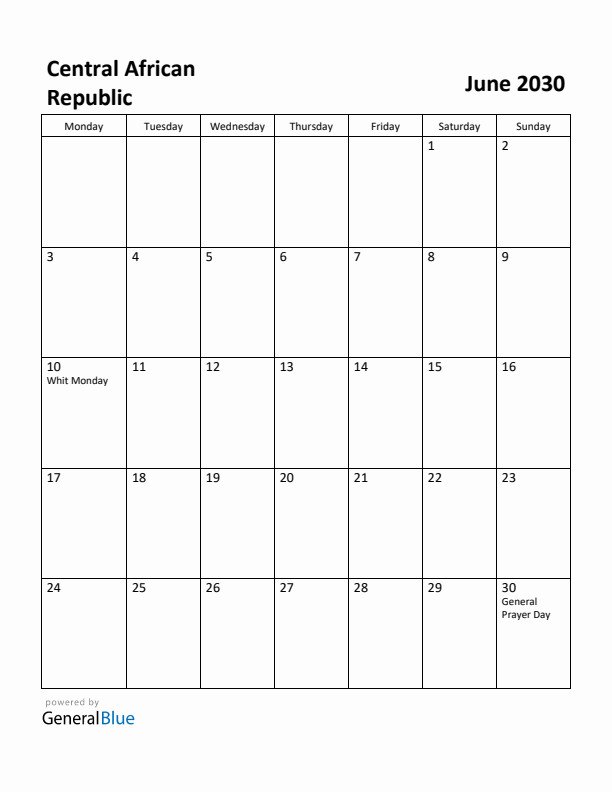June 2030 Calendar with Central African Republic Holidays