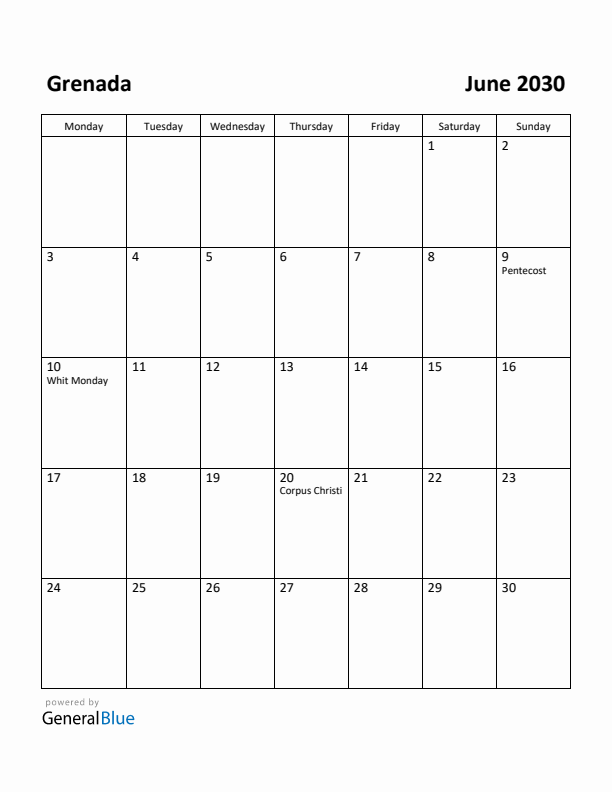 June 2030 Calendar with Grenada Holidays